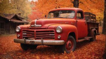 ai generato rosso auto guida attraverso autunno città strada con alberi e le foglie. foto