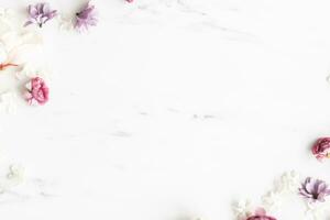 Natale composizione. abete albero rami, rosso decorazioni su grigio sfondo, fiori composizione. bianca e viola fiori su marmo sfondo, eucalipto foglie, inverno, superiore Visualizza. Natale regalo. foto