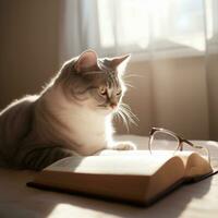 foto di un' bellissimo gatto con bicchieri lettura un' libro ai generativo