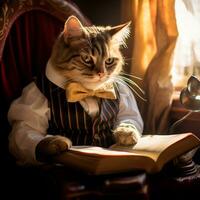 foto di un' bellissimo gatto con bicchieri lettura un' libro ai generativo