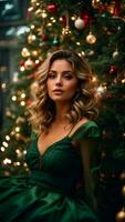 foto di un' bellissimo donna nel un' Natale albero con Natale alberi dietro a sua ai generato