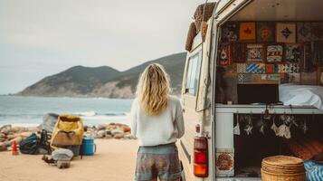 un' in viaggio femmina in piedi vicino camion con mare e montagne sfondo. generativo ai foto