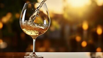 il bellezza di bianca vino a cascata in un' delicato bicchiere di vino. generativo ai foto