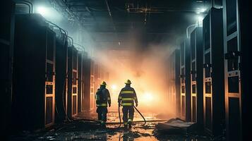 i vigili del fuoco confrontarsi ardente server e di spessore Fumo nel critico dati centro fuoco. generativo ai foto
