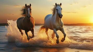 Due cavalli in esecuzione lungo costa tramonto sfondo, con forza fattrice cavalli in esecuzione lungo mare spiaggia, generativo ai foto