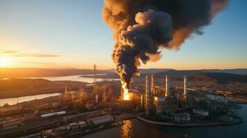 aereo Visualizza per gas bagliore pila di petrolio raffinerie tramonto sfondo, bagliore fossa Torre per gas combustione naturale gas in lavorazione, generativo ai foto