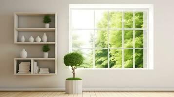 bianca camera con mensola e verde paesaggio nel finestra. scandinavo interno design. generativo ai foto