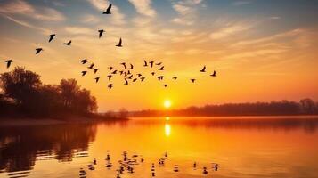 maestoso uccelli nel silhouette con grazia scivolare al di sopra di il incantevole lago a tramonto. generativo ai foto