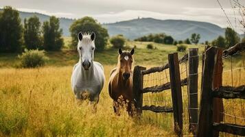 un' coppia cavallo su erba prato dietro a recinto e monta con alberi sotto cielo nel campagna, generativo ai foto