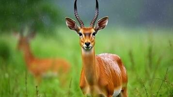 grazioso animali selvatici, travolgente kob antilope nel suo naturale habitat, fiorente nel il pioggia. generativo ai foto