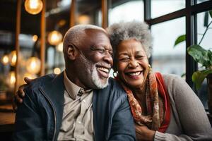 salutare africano americano anziano coppia sorridente contento e Abbracciare una persona insieme, amore e relazione concetto, ai generato foto