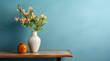 di legno tavolo con mazzo di fiori nel vaso su blu sfondo, copia spazio, ai generato foto
