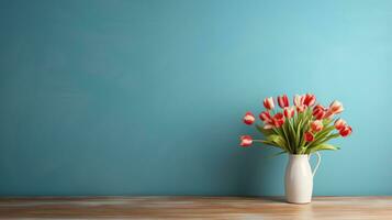 di legno tavolo con mazzo di fiori nel vaso su blu sfondo, copia spazio, ai generato foto
