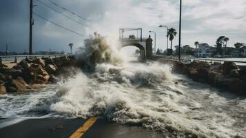 tempesta ondata spettacolo - acqua Crashing al di sopra di ponte durante uragano Harvey. generativo ai foto