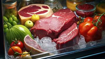 a partire dal azienda agricola per frigo - fresco crudo carne su un' mensola Aperto frigorifero. generativo ai foto