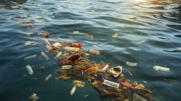 onde di rifiuto - confrontarsi il plastica peste nel nostro oceani. generativo ai foto
