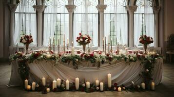 festivo tavolo, arco, In piedi decorato con un' composizione di rosso, bianca fiori e verde, candele nel il banchetto sala. generativo ai foto