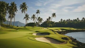 il maestoso paesaggio di un' golf corso e il orizzonte al di là. generativo ai foto