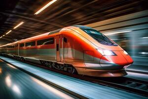 moderno alto velocità treno crociera su un' quotidiano commutare ai generato foto