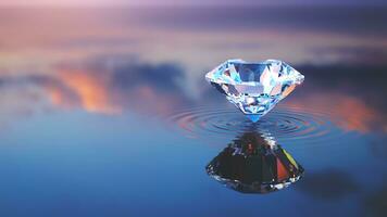 lusso splendente diamante equilibrato su increspato acqua superficie con riflessa cielo sfondo, diamante sfondo, foto