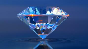 lusso splendente diamante equilibrato su increspato acqua superficie con riflessa cielo sfondo, diamante sfondo, foto