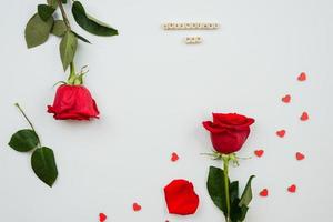 rose rosse e ornamenti a forma di cuore su sfondo bianco foto