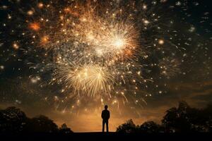 ai generato figura di un' uomo Guardando colorato fuochi d'artificio nel il notte cielo. ai generato. foto