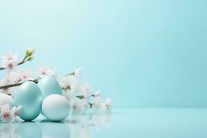 ai generato Pasqua uova e fioritura rosa fiori su pastello blu sfondo, copia spazio. ai generato. foto