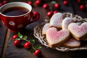 ai generato fatti in casa cuore sagomato biscotti e un' tazza di tè o caffè su il tavolo, vicino su. San Valentino giorno. ai generato. foto