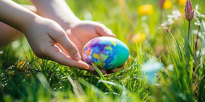 ai generato Pasqua caccia per dipinto uova. Pasqua uovo nel il mani di un' bambino su un' sfondo di verde erba. foto
