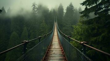 ai generato generativo ai, cima dell'albero imbarco ponte su nebbioso abete foresta bellissimo paesaggio nel fricchettone Vintage ▾ retrò stile, nebbioso montagne e alberi. foto