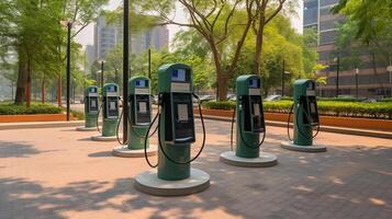 ai generato generativo ai, ev ricarica stazione, moderno veloce elettrico veicolo caricabatterie, salutare ambiente concetto foto