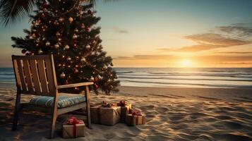 ai generato generativo ai, Natale su il spiaggia. i regali, Natale albero, palma, oceano e sedie. vacanza concetto foto