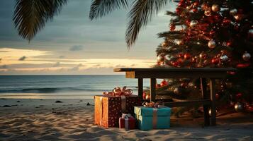 ai generato generativo ai, Natale su il spiaggia. i regali, Natale albero, palma, oceano e sedie. vacanza concetto foto