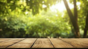 di legno tavolo superiore con sfocato verde parco giardino come sfondo. ai generato foto