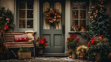 ai generato generativo ai, davanti porta con Natale decorazione, ghirlanda e ghirlanda, smorzato colori, Villetta rustico portone foto