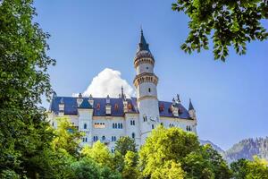 parte inferiore tiro di un' neuschwanstein castello fra il alberi foto