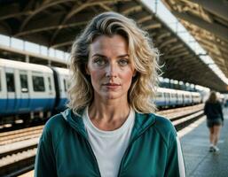 ai generato foto di mezzo anziano donna con tuta da ginnastica gli sport in piedi nel davanti di la metropolitana treno stazione , generativo ai