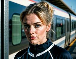 ai generato foto di mezzo anziano donna con tuta da ginnastica gli sport in piedi nel davanti di la metropolitana treno stazione , generativo ai