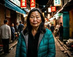 foto di anziano vecchio donna nel Cina Locale strada mercato a notte, generativo ai