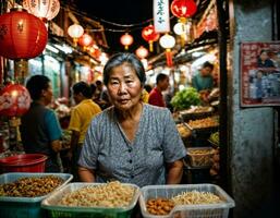 foto di anziano vecchio venditore donna nel Cina Locale strada mercato a notte, generativo ai