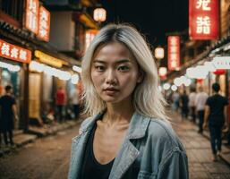 foto di bellissimo giovane ragazza nel Cina Locale strada mercato a notte, generativo ai