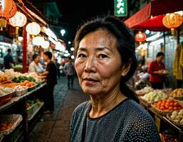 foto di anziano vecchio venditore donna nel Cina Locale strada mercato a notte, generativo ai