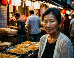 foto di anziano vecchio venditore donna nel Cina Locale strada mercato a notte, generativo ai