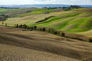 raccolto i campi e prati paesaggio nel Toscana, Italia. ondulato nazione scenario a autunno tramonto. arabile terra pronto per il agricolo stagione. foto