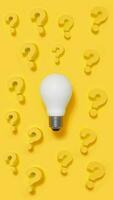 multiplo innovazione domande per aziende rappresentato con un' leggero lampadina e cartello su un' giallo sfondo. foto