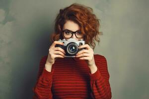 giovane donna nel rosso maglione Tenere retrò telecamera nel sua mani su grigio sfondo. ai generato. foto