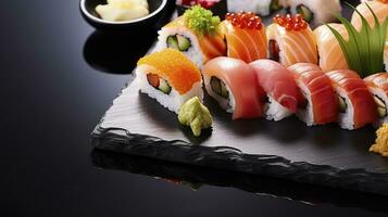 un' diverso collezione di Sushi ad arte presentata su nero ardesia. generativo ai foto