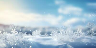 inverno neve bandiera paesaggio sfondo con cumuli di neve, bellissimo i fiocchi di neve su il blu cielo e inverno foresta. ai generativo foto