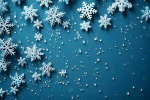 Natale piatto posare modello con neve, i fiocchi di neve e Ghiaccio, su il buio Marina Militare blu sfondo con copia spazio. ai generativo foto